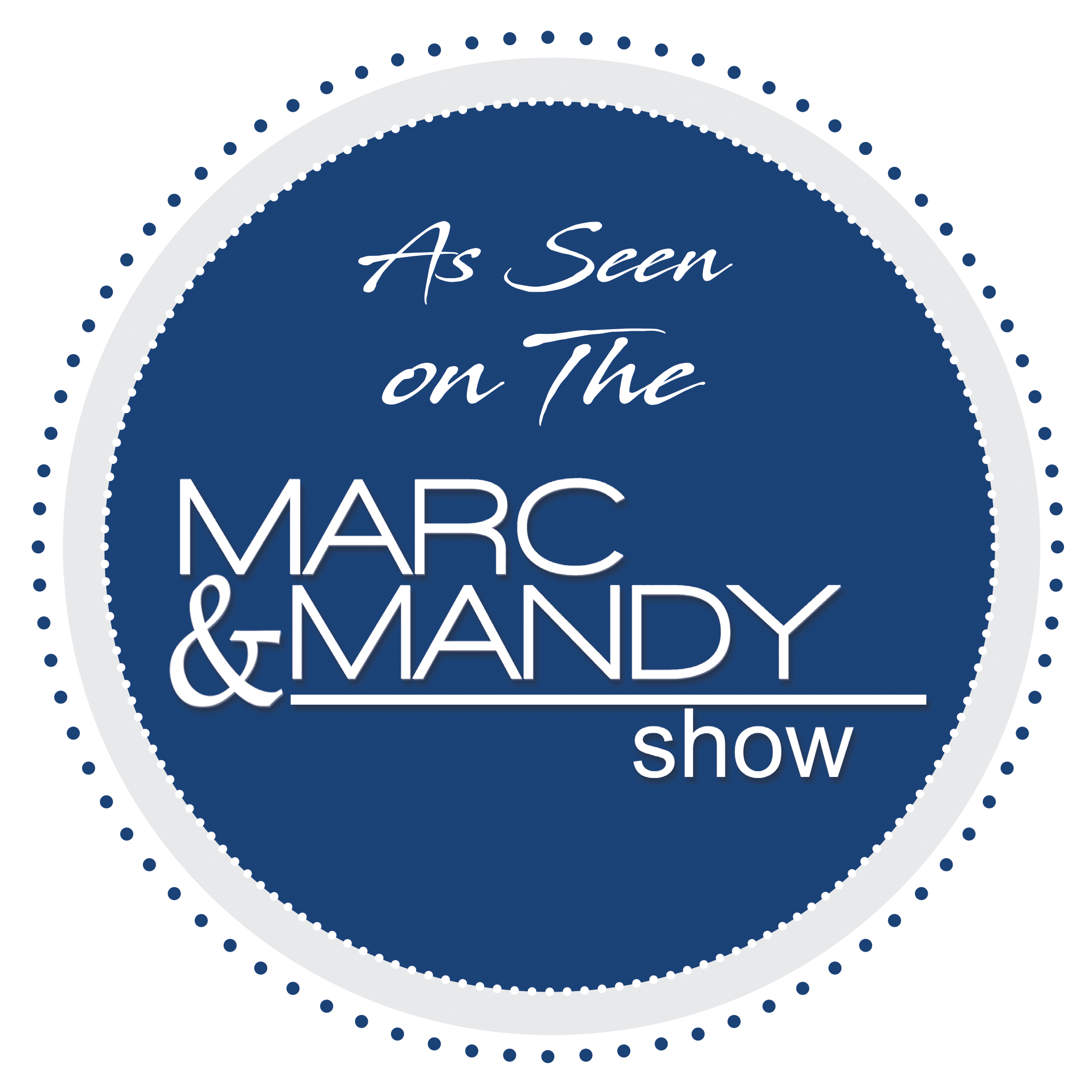 Blue and white logo for: As seen on the Marc & Mandy Show.