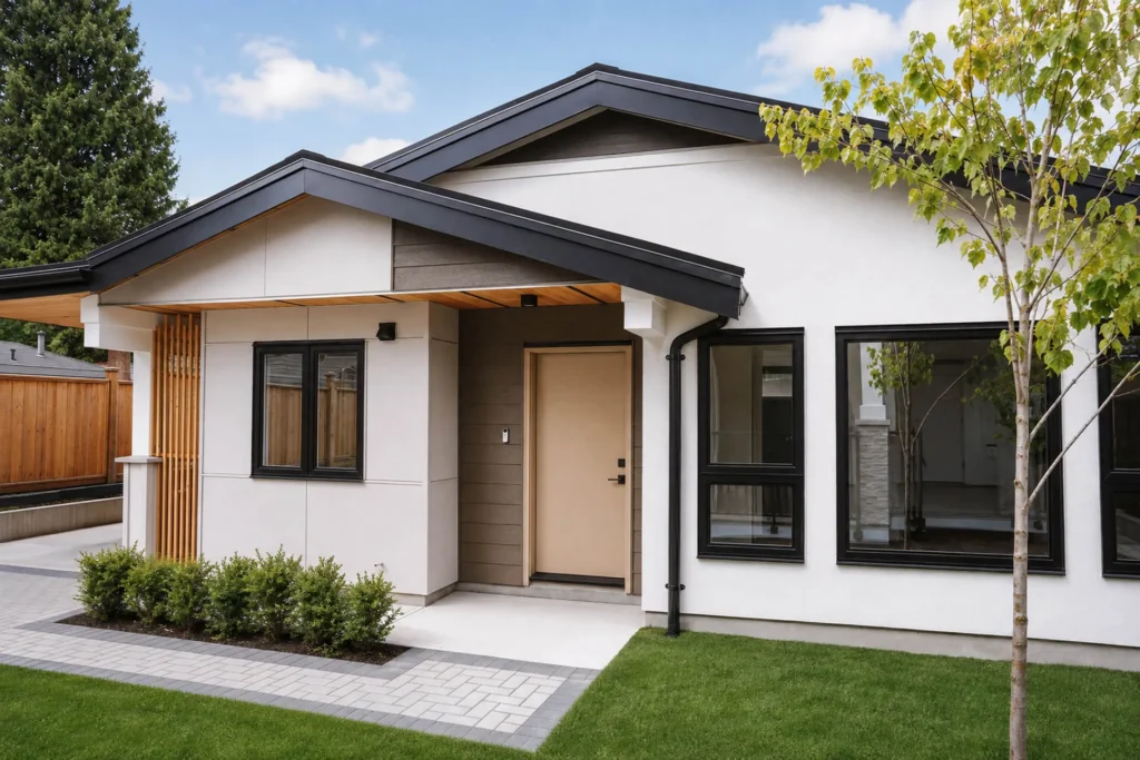 Single-level carriage home with covered wood-slat entry, black windows and landscaped walkway in Connaught Heights, New Westminster