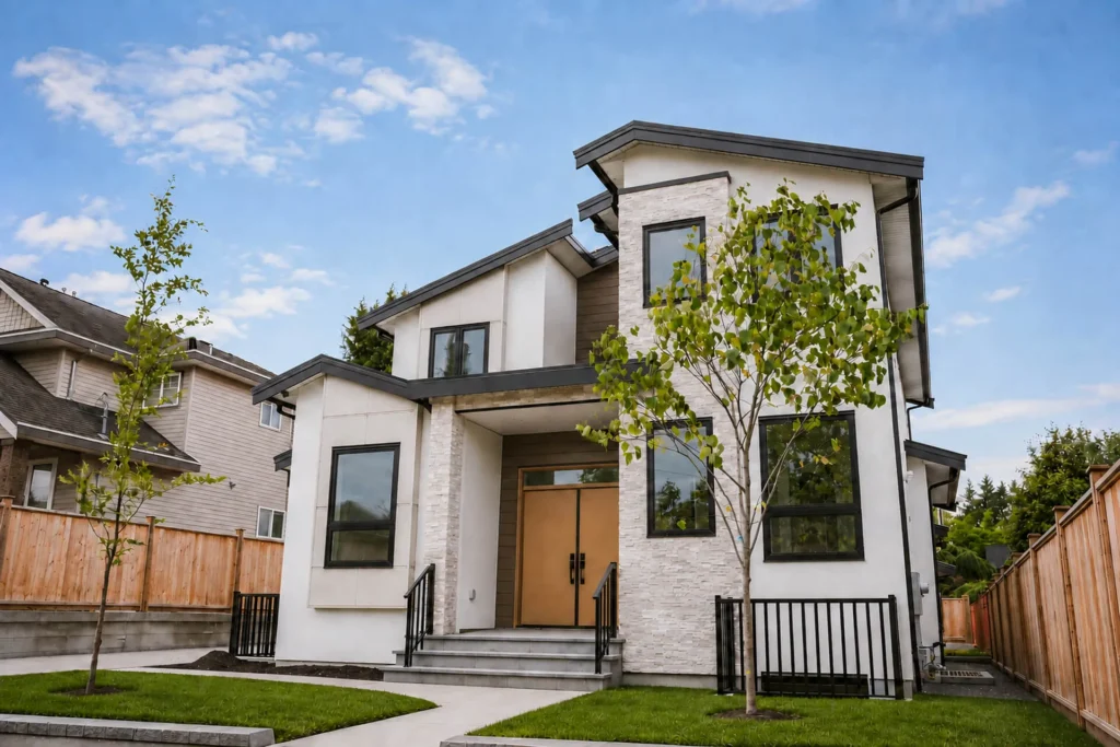 Angled view of the Connaught Heights custom home front elevation with stone cladding, dark roofline and landscaped front yard
